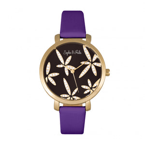 Sophie & Freda Key West Leather-Band Watch w/Swarovski Crystals - Gold/Purple - SAFSF4306