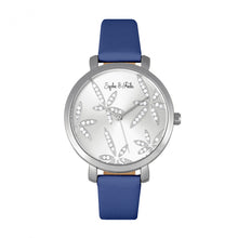Load image into Gallery viewer, Sophie &amp; Freda Key West Leather-Band Watch w/Swarovski Crystals - Silver/Blue - SAFSF4301
